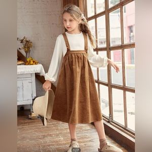Lantern sleeve top & corduroy overall dress, SHEIN girls